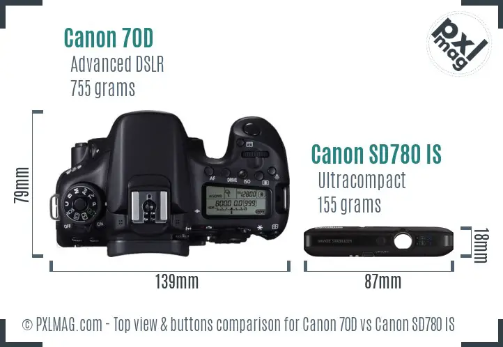 Canon 70D vs Canon SD780 IS top view buttons comparison