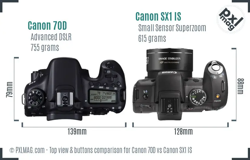 Canon 70D vs Canon SX1 IS top view buttons comparison