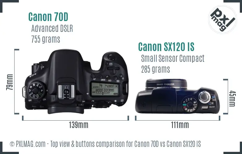 Canon 70D vs Canon SX120 IS top view buttons comparison Canon 70D vs Canon SX120 IS top view buttons comparison