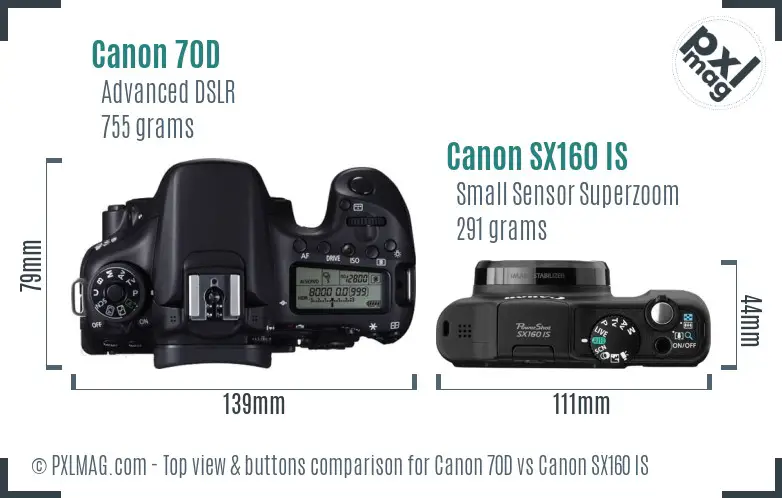 Canon 70D vs Canon SX160 IS top view buttons comparison