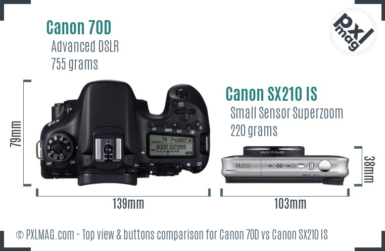Canon 70D vs Canon SX210 IS top view buttons comparison