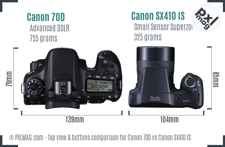 Canon 70D vs Canon SX410 IS top view buttons comparison