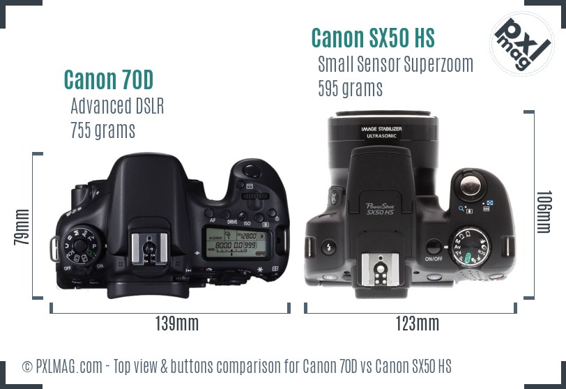 Canon 70D vs Canon SX50 HS top view buttons comparison