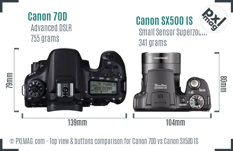 Canon 70D vs Canon SX500 IS top view buttons comparison