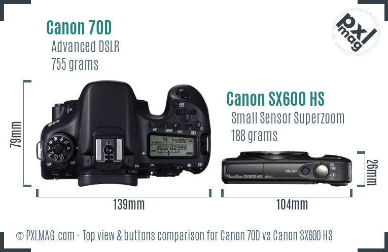 Canon 70D vs Canon SX600 HS top view buttons comparison
