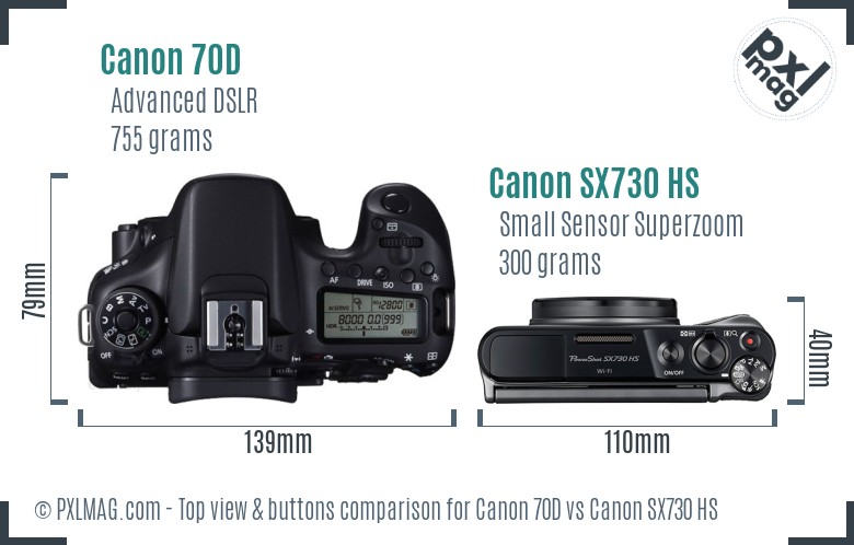 Canon 70D vs Canon SX730 HS top view buttons comparison