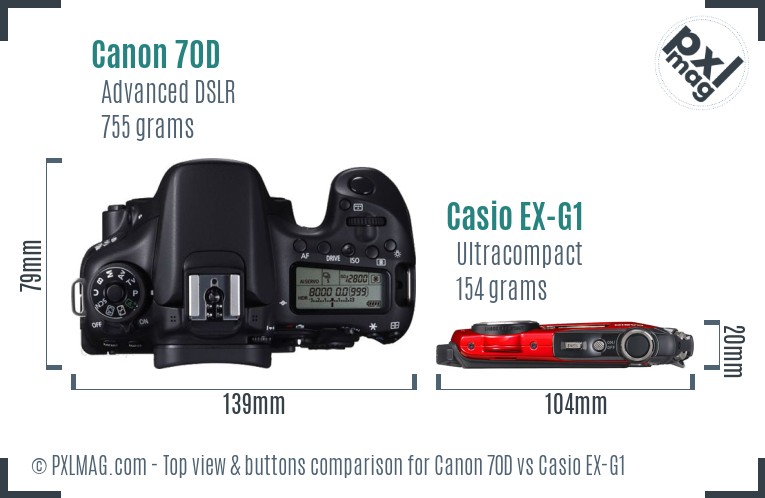 Canon 70D vs Casio EX-G1 top view buttons comparison