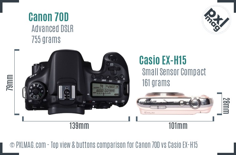 Canon 70D vs Casio EX-H15 top view buttons comparison