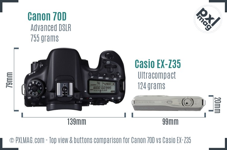 Canon 70D vs Casio EX-Z35 top view buttons comparison
