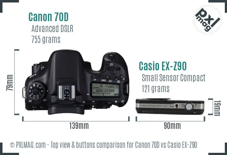 Canon 70D vs Casio EX-Z90 top view buttons comparison Canon 70D vs Casio EX-Z90 top view buttons comparison