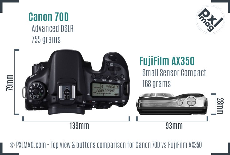 Canon 70D vs FujiFilm AX350 top view buttons comparison