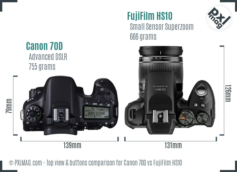 Canon 70D vs FujiFilm HS10 top view buttons comparison