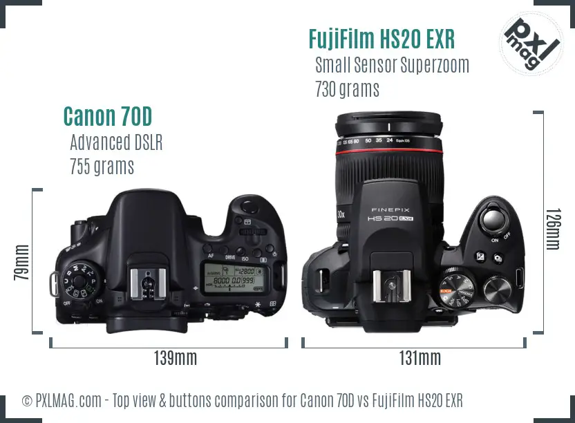 Canon 70D vs FujiFilm HS20 EXR top view buttons comparison