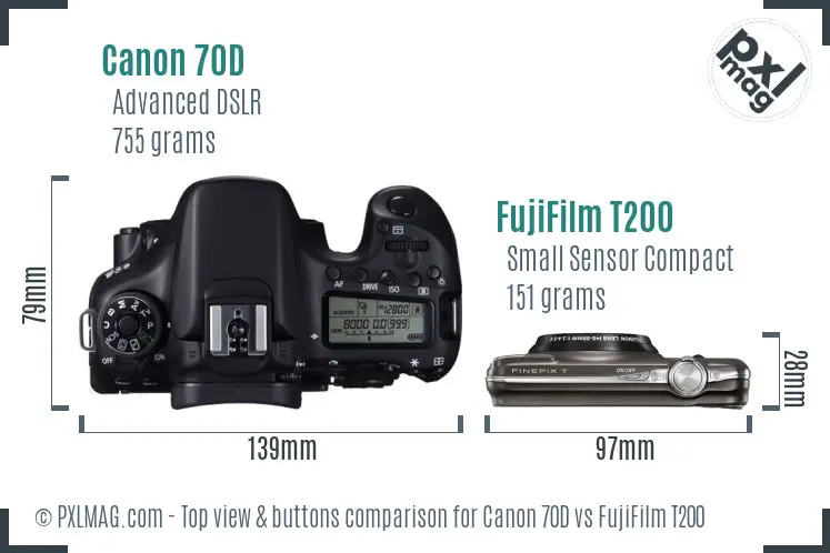 Canon 70D vs FujiFilm T200 top view buttons comparison