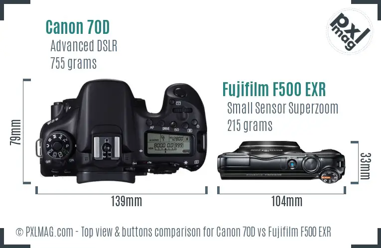 Canon 70D vs Fujifilm F500 EXR top view buttons comparison