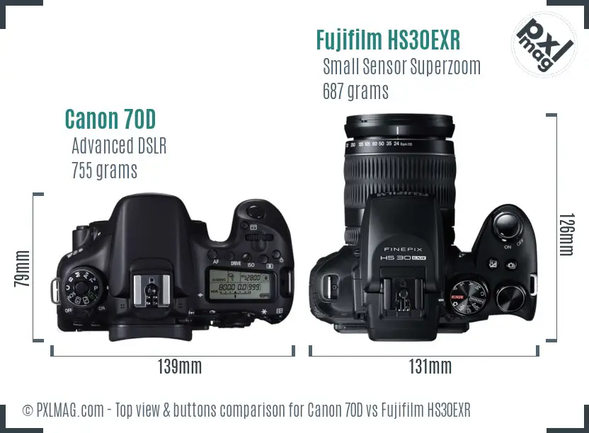 Canon 70D vs Fujifilm HS30EXR top view buttons comparison
