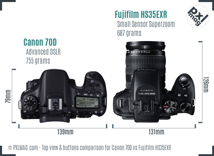 Canon 70D vs Fujifilm HS35EXR top view buttons comparison