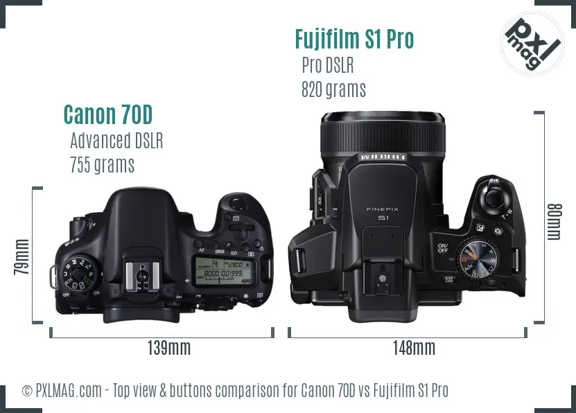 Canon 70D vs Fujifilm S1 Pro top view buttons comparison