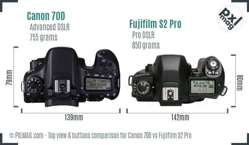 Canon 70D vs Fujifilm S2 Pro top view buttons comparison Canon 70D vs Fujifilm S2 Pro top view buttons comparison