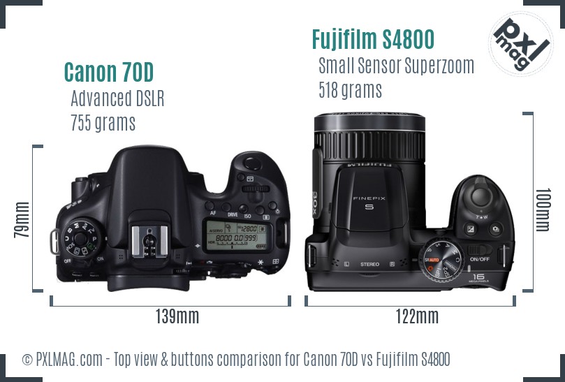 Canon 70D vs Fujifilm S4800 top view buttons comparison