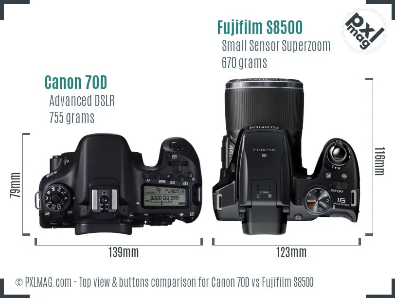 Canon 70D vs Fujifilm S8500 top view buttons comparison