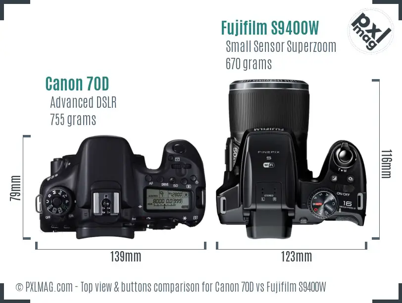 Canon 70D vs Fujifilm S9400W top view buttons comparison