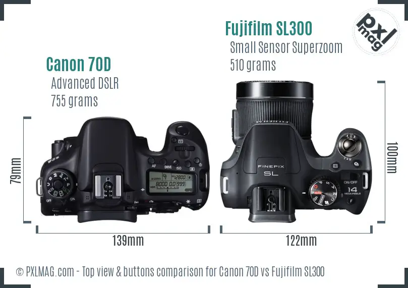 Canon 70D vs Fujifilm SL300 top view buttons comparison