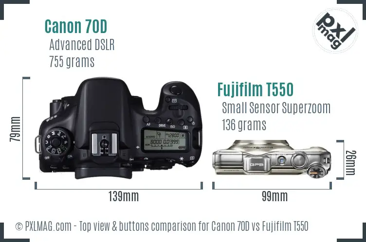 Canon 70D vs Fujifilm T550 top view buttons comparison