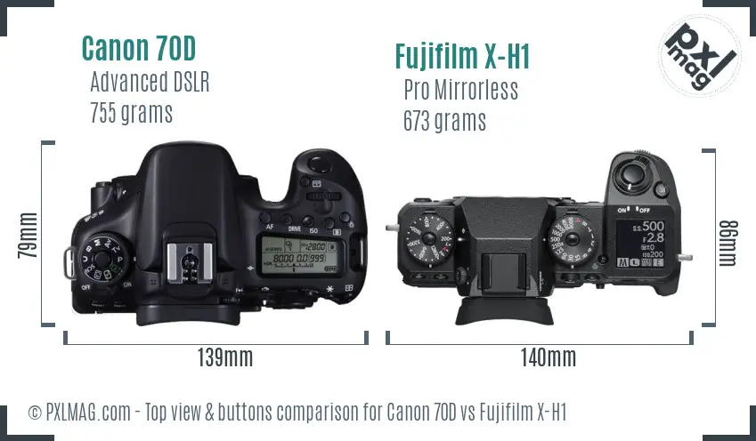 Canon 70D vs Fujifilm X-H1 top view buttons comparison