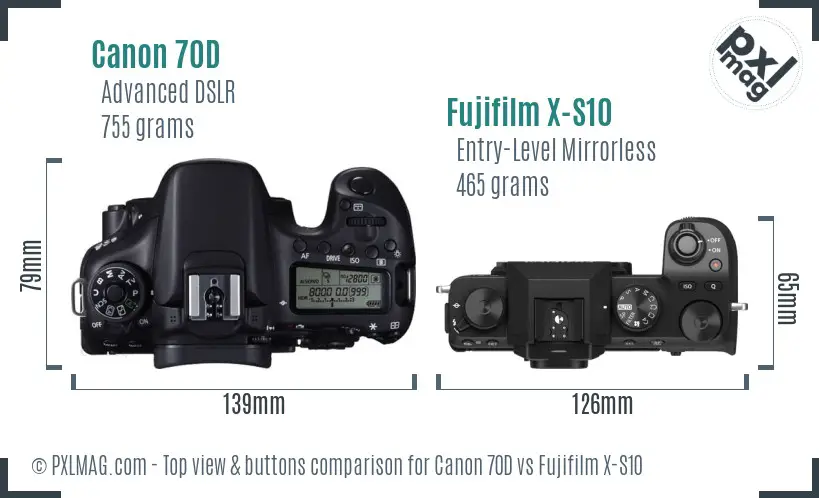 Canon 70D vs Fujifilm X-S10 top view buttons comparison