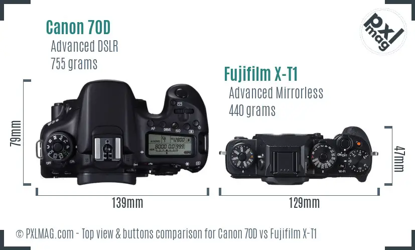 Canon 70D vs Fujifilm X-T1 top view buttons comparison Canon 70D vs Fujifilm X-T1 top view buttons comparison