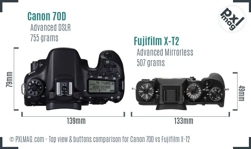 Canon 70D vs Fujifilm X-T2 top view buttons comparison Canon 70D vs Fujifilm X-T2 top view buttons comparison