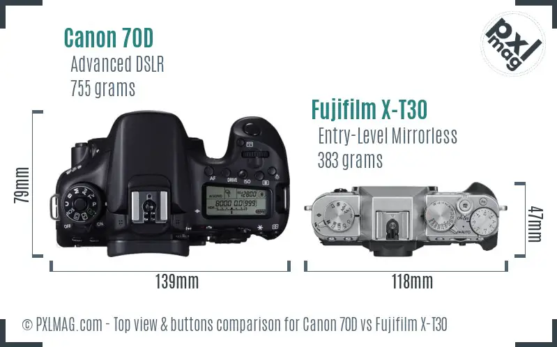 Canon 70D vs Fujifilm X-T30 top view buttons comparison