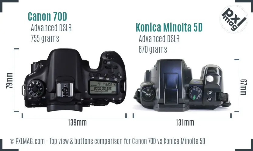 Canon 70D vs Konica Minolta 5D top view buttons comparison