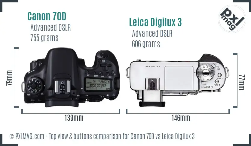 Canon 70D vs Leica Digilux 3 top view buttons comparison