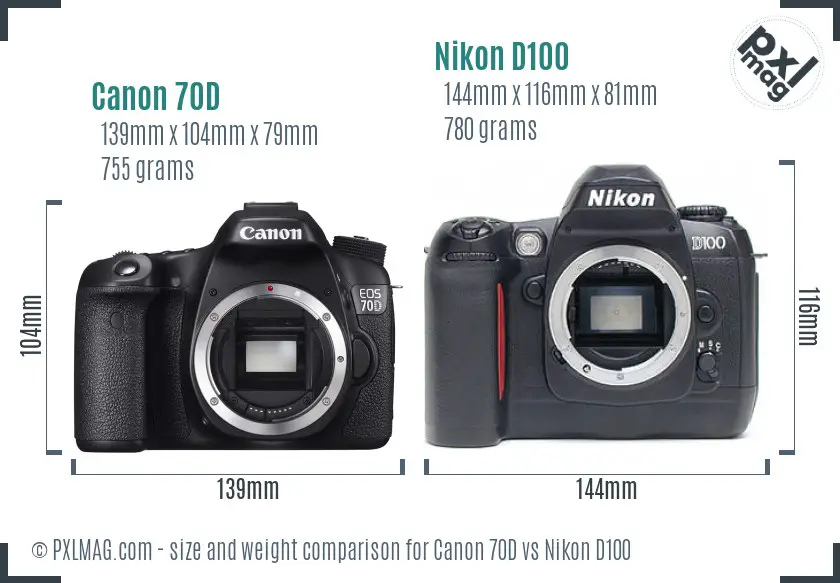 Canon 70D vs Nikon D100 size comparison