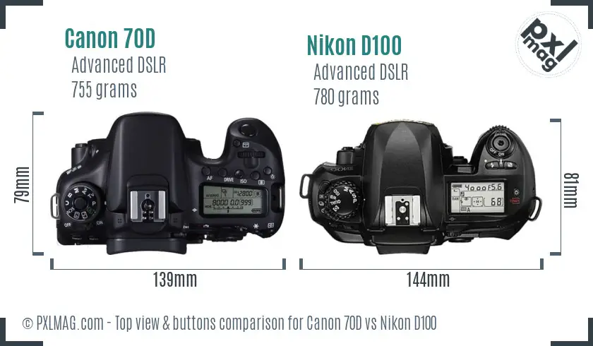 Canon 70D vs Nikon D100 top view buttons comparison