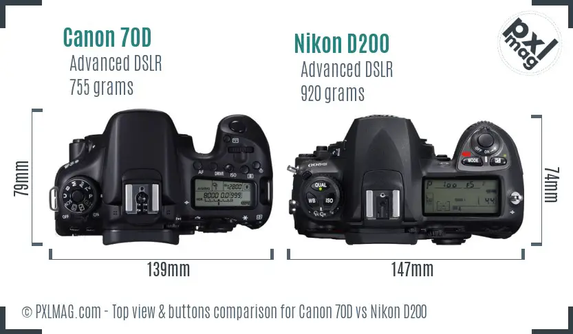 Canon 70D vs Nikon D200 top view buttons comparison