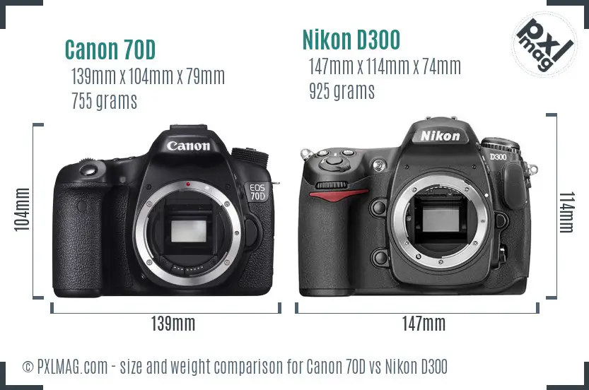 Canon 70D vs Nikon D300 size comparison