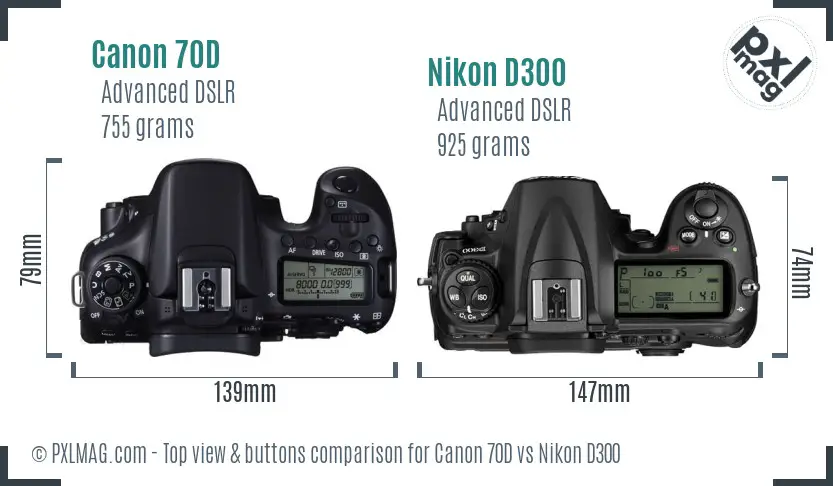 Canon 70D vs Nikon D300 top view buttons comparison