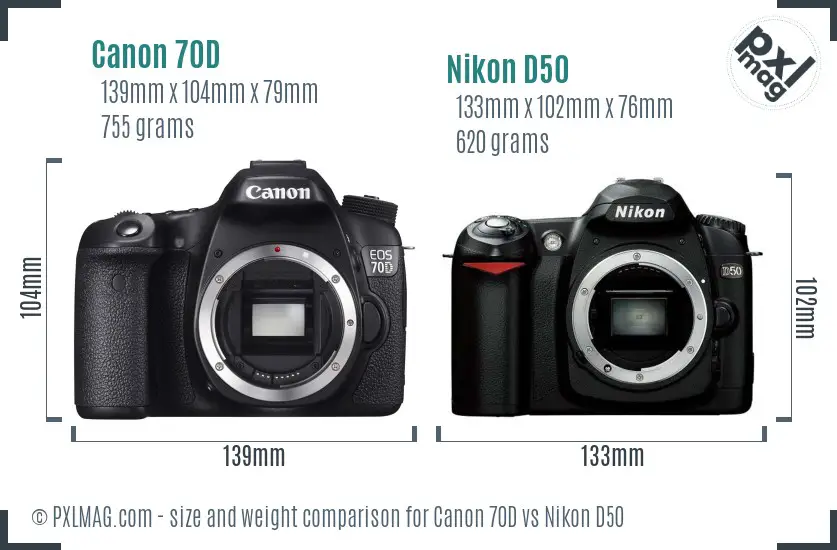 Canon 70D vs Nikon D50 size comparison