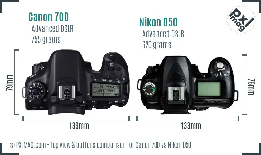 Canon 70D vs Nikon D50 top view buttons comparison