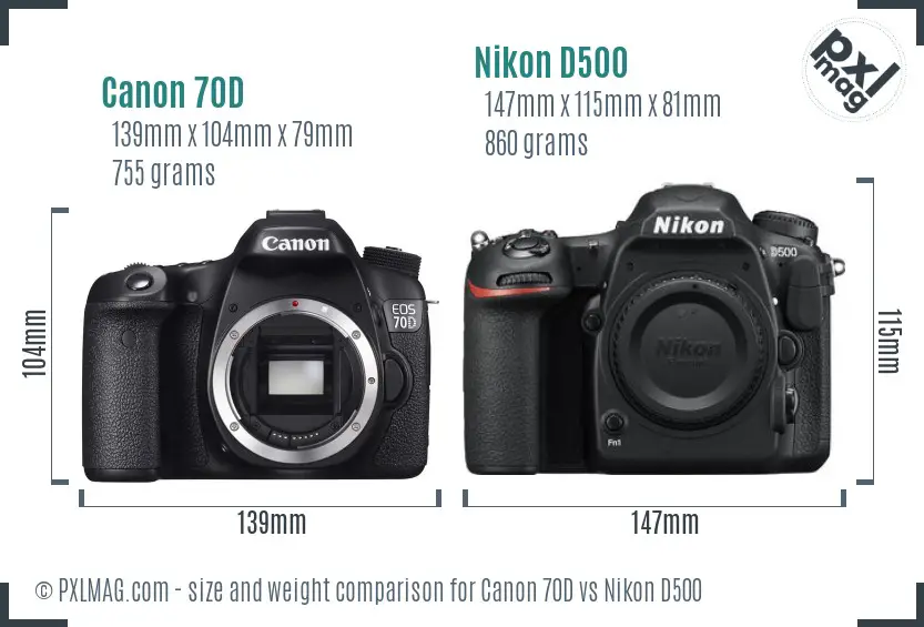 Canon 70D vs Nikon D500 size comparison