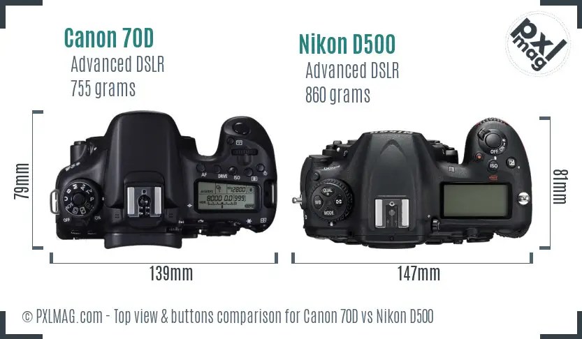 Canon 70D vs Nikon D500 top view buttons comparison