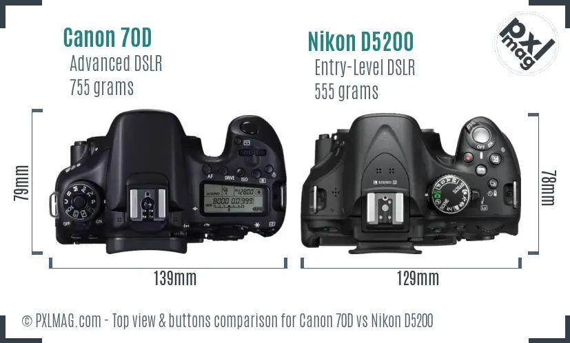 Canon 70D vs Nikon D5200 top view buttons comparison