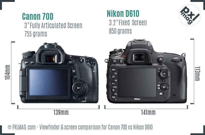 Canon 70D vs Nikon D610 Screen and Viewfinder comparison