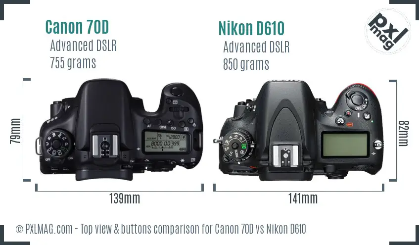Canon 70D vs Nikon D610 top view buttons comparison