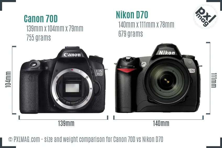 Canon 70D vs Nikon D70 size comparison