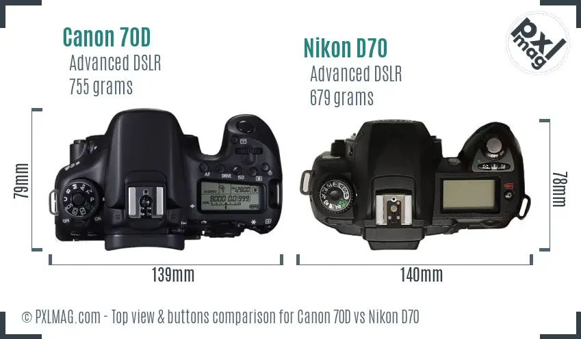 Canon 70D vs Nikon D70 top view buttons comparison