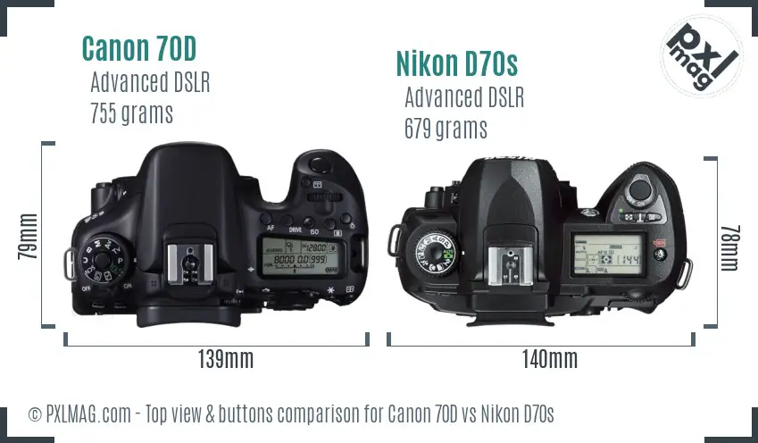 Canon 70D vs Nikon D70s top view buttons comparison